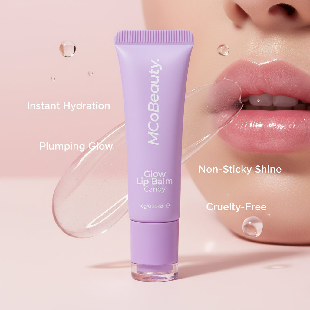 Purple lip balm tube with 'MCoBeauty' branding on a white background