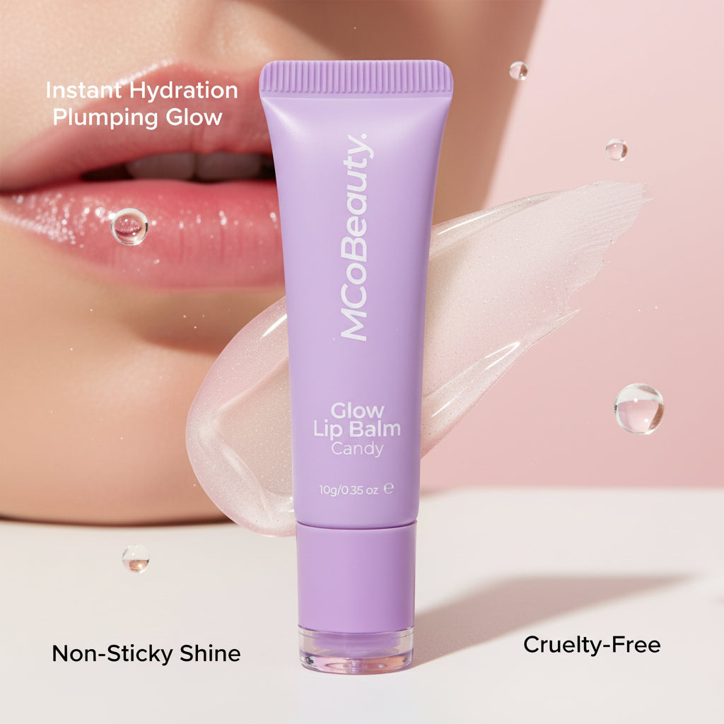 Purple lip balm tube with 'MCoBeauty' branding on a white background