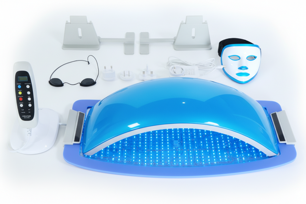 Electromagnetic therapy device with control panel, cables, and accessories on a white background