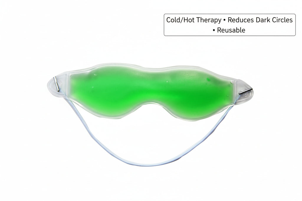 Green eye mask with a mountain and blue sky background