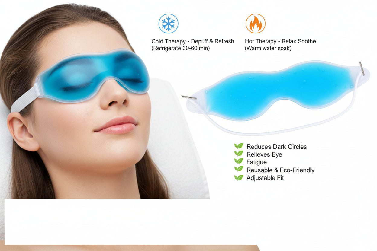 Three colorful eye masks with measurements on a white background