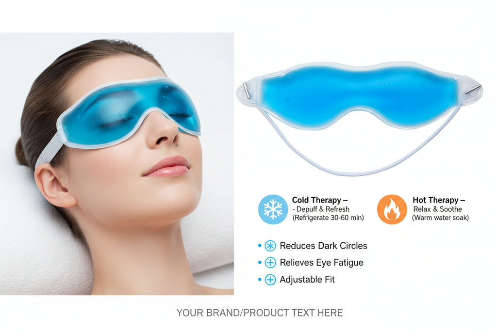 Green eye mask with a mountain and blue sky background