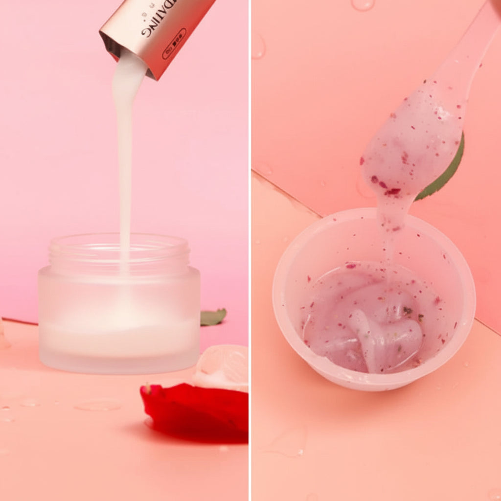 Two-step process of pouring a white powder into a container with a pink background.