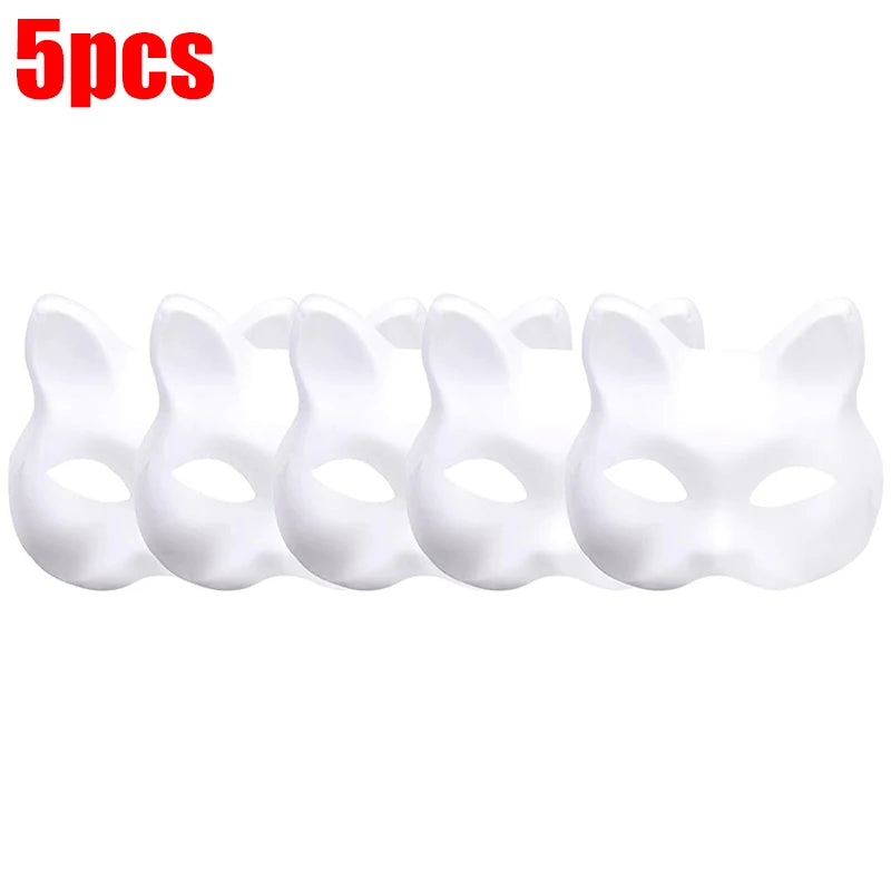 10-50PCS Therian Masks With Straps White Cat Masks Blank DIY Halloween Mask Animal Half Facemasks Masquerade Cosplay Party BeautyBond
