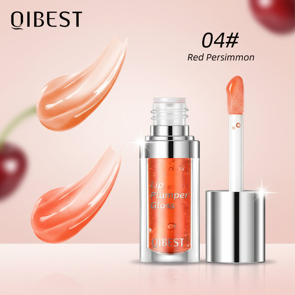 QIBEST lip plumper gloss with applicator and color swatch on a white background