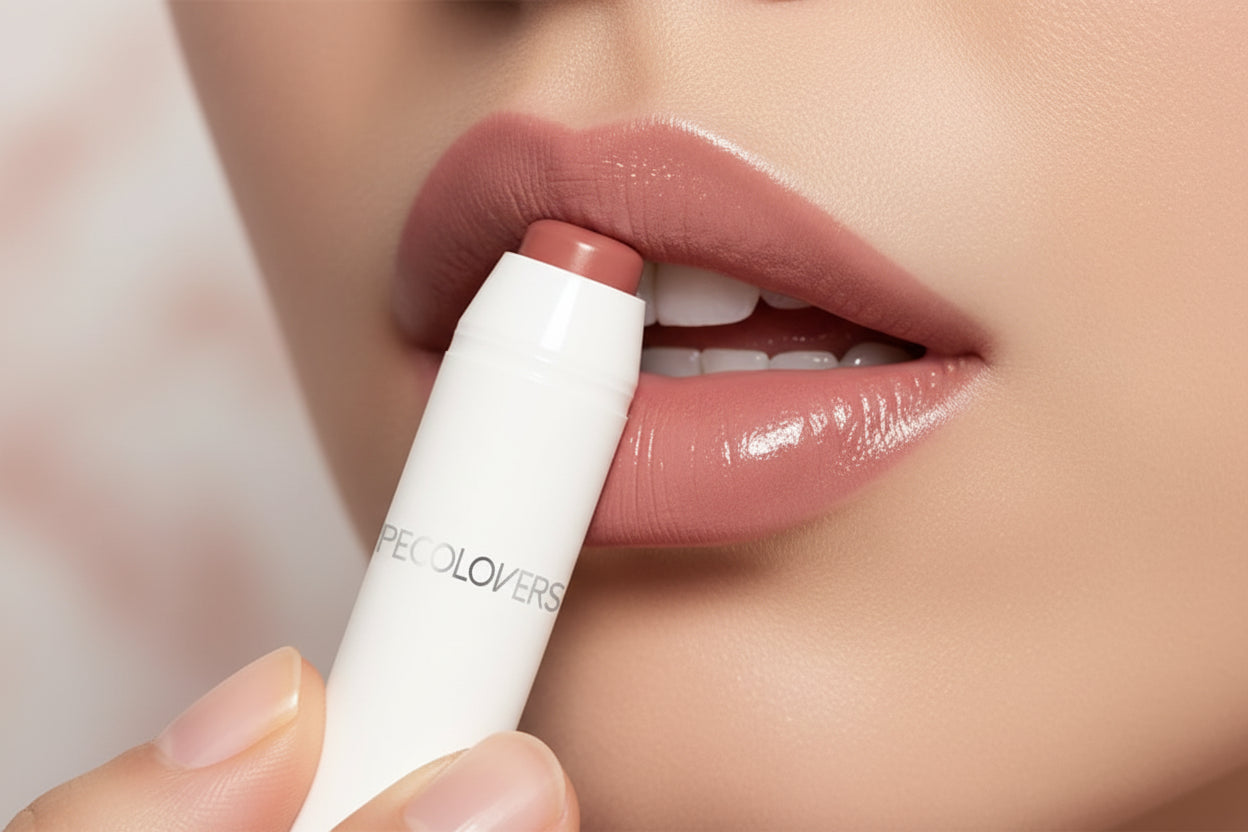 Lipstick being applied to lips with 'PECOLOVERS' branding.
