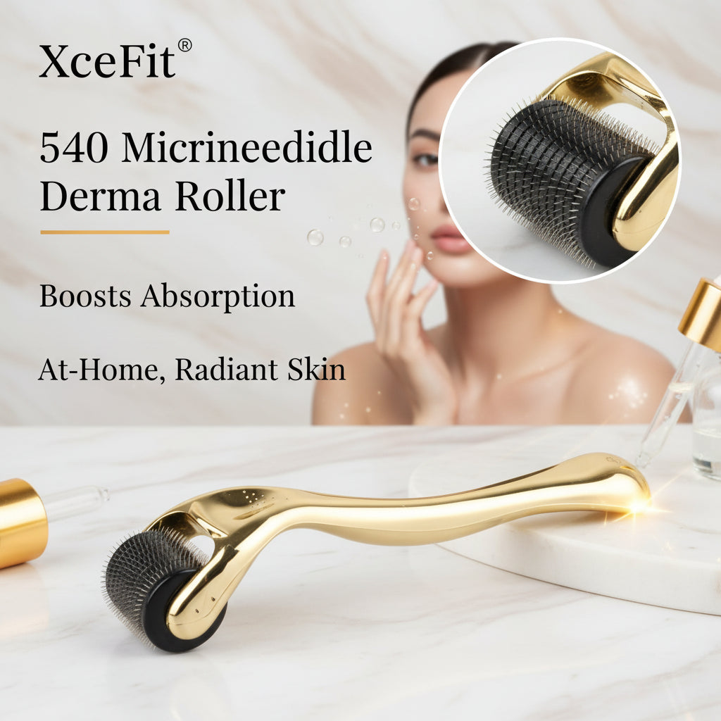 Gold skin roller with black attachments on a white background, next to its packaging.