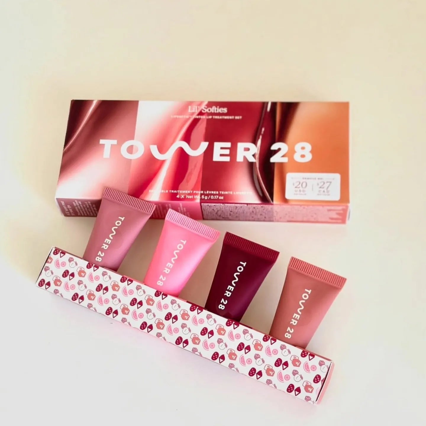 Original Tower 28 Beauty Mini Lil' Softies Lip Treatment Set Watermelon Sugar Plum Vanilla Dulce de Leche Colored Lip Blam Set BeautyBond