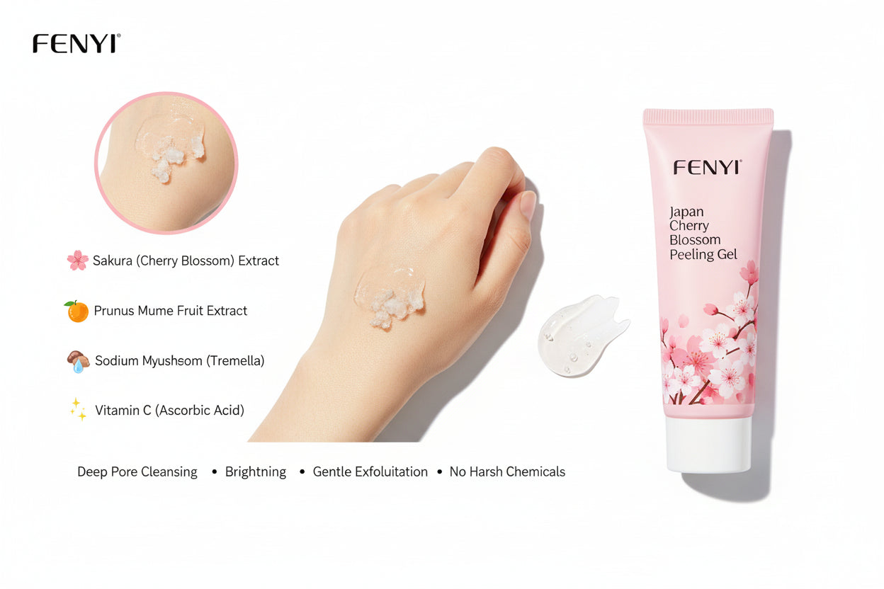 Fenyi Japan Cherry Blossom Peeling Gel packaging with product features on a pink background