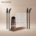 Pecolovers eyebrow grooming kit with stamp, brush, and multiple eyebrow templates on a white background.