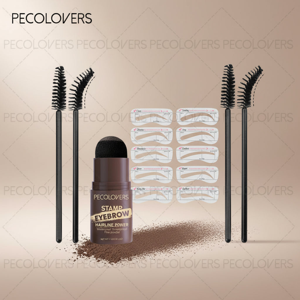 Pecolovers eyebrow grooming kit with stamp, brush, and multiple eyebrow templates on a white background.