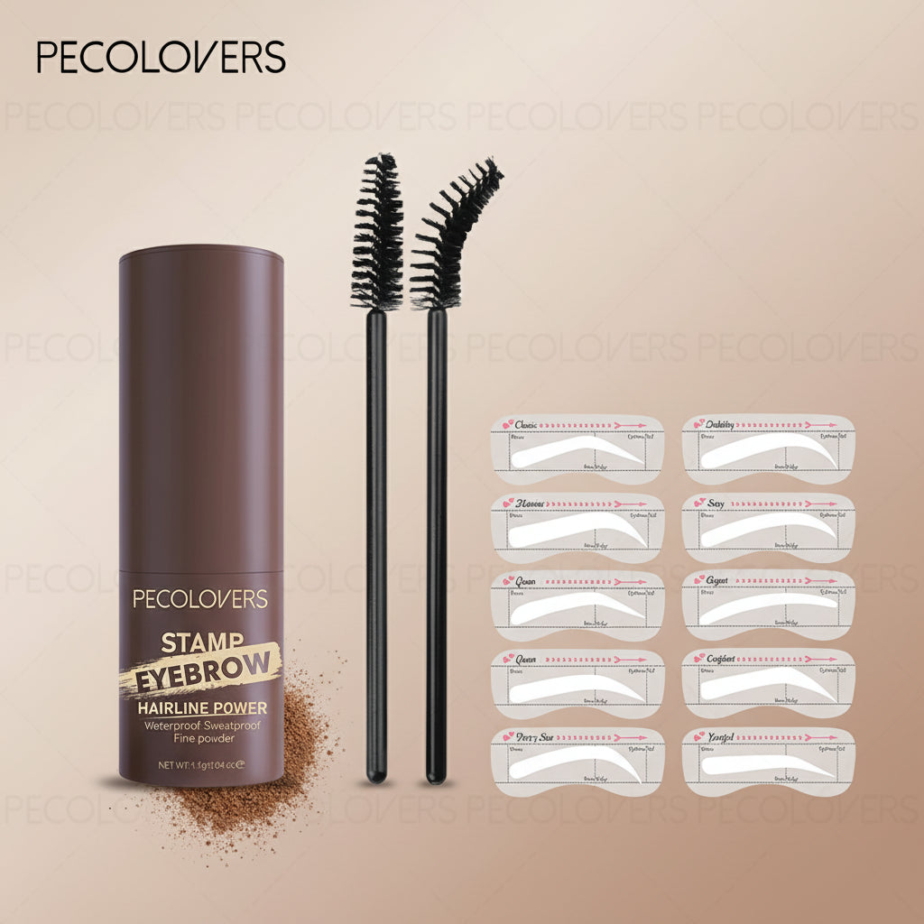 Pecolovers Stamp Eyebrow hairline powder set with packaging, brush, and multiple stamp tools on a white background.