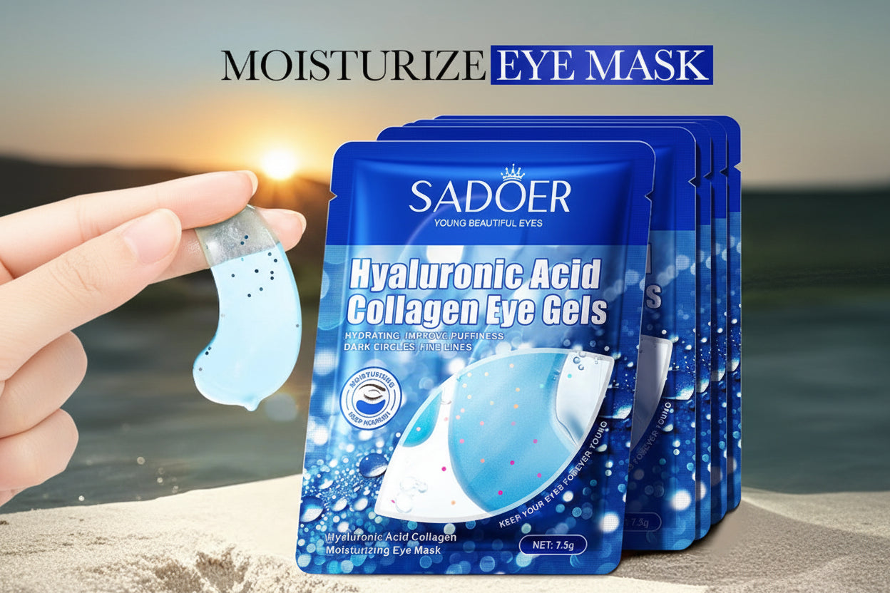 Sadoer Hyaluronic Acid Collagen Eye Gels packaging with a hand holding an eye gel patch.