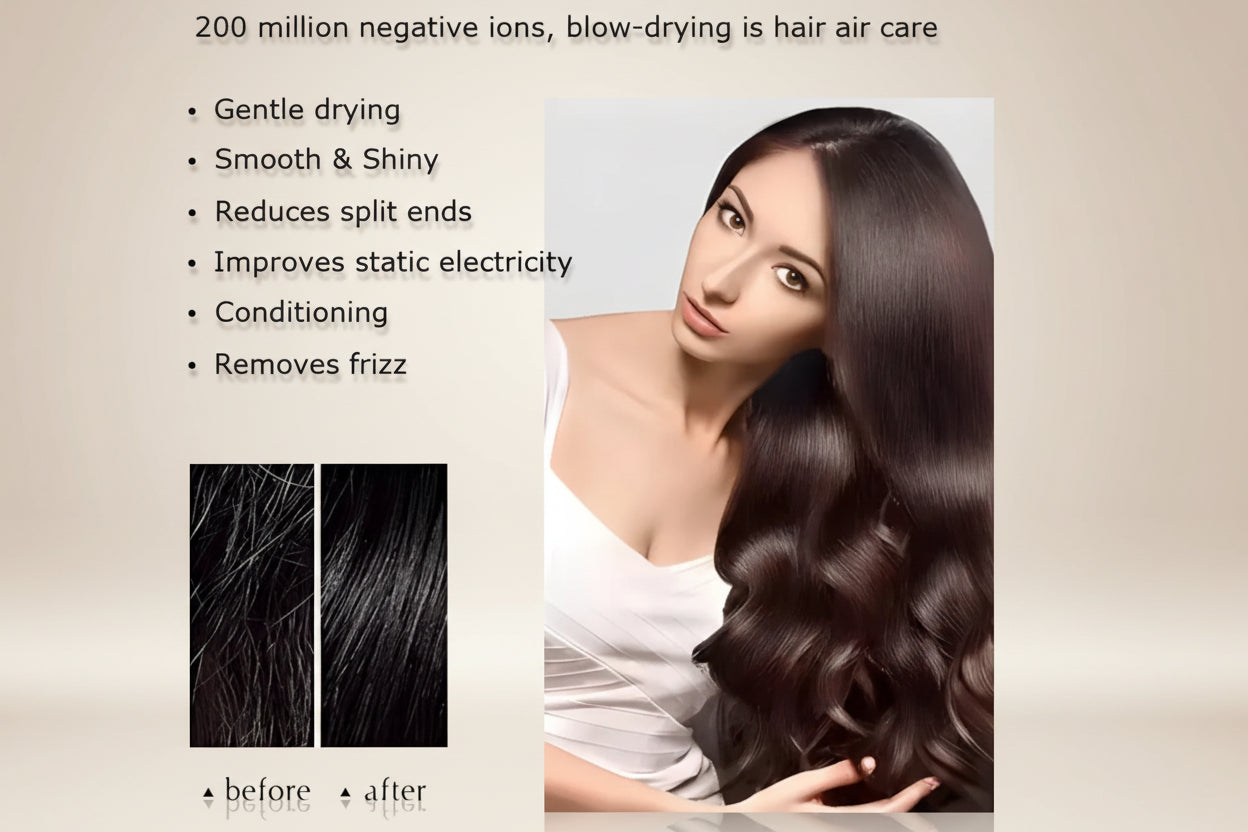Woman with smooth, shiny hair next to text about hair care benefits and a comparison of before and after images.