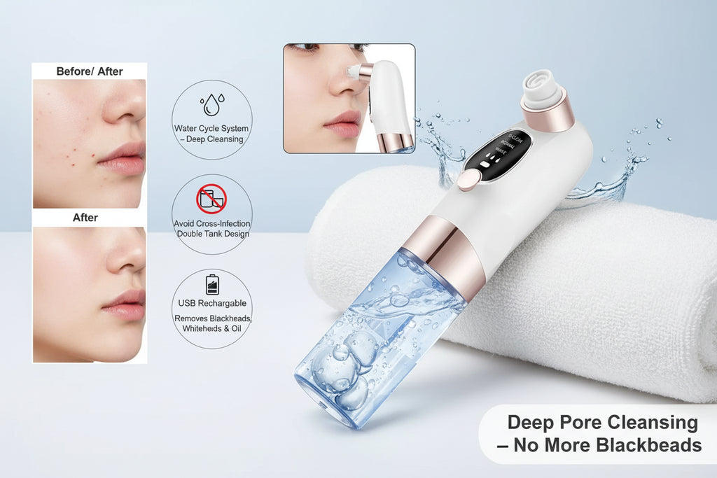 Skincare device with multiple attachments on a white background