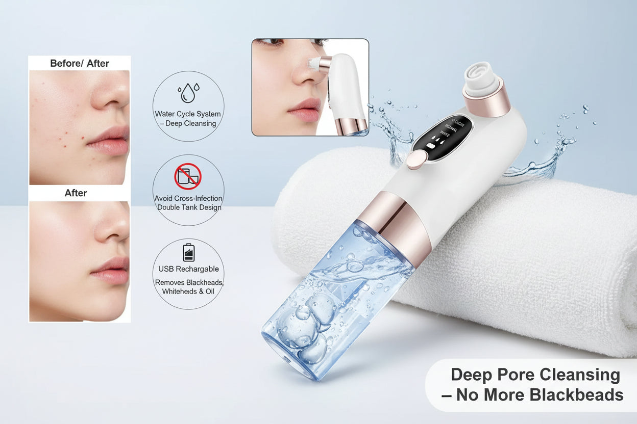 Skincare device with multiple attachments on a white background