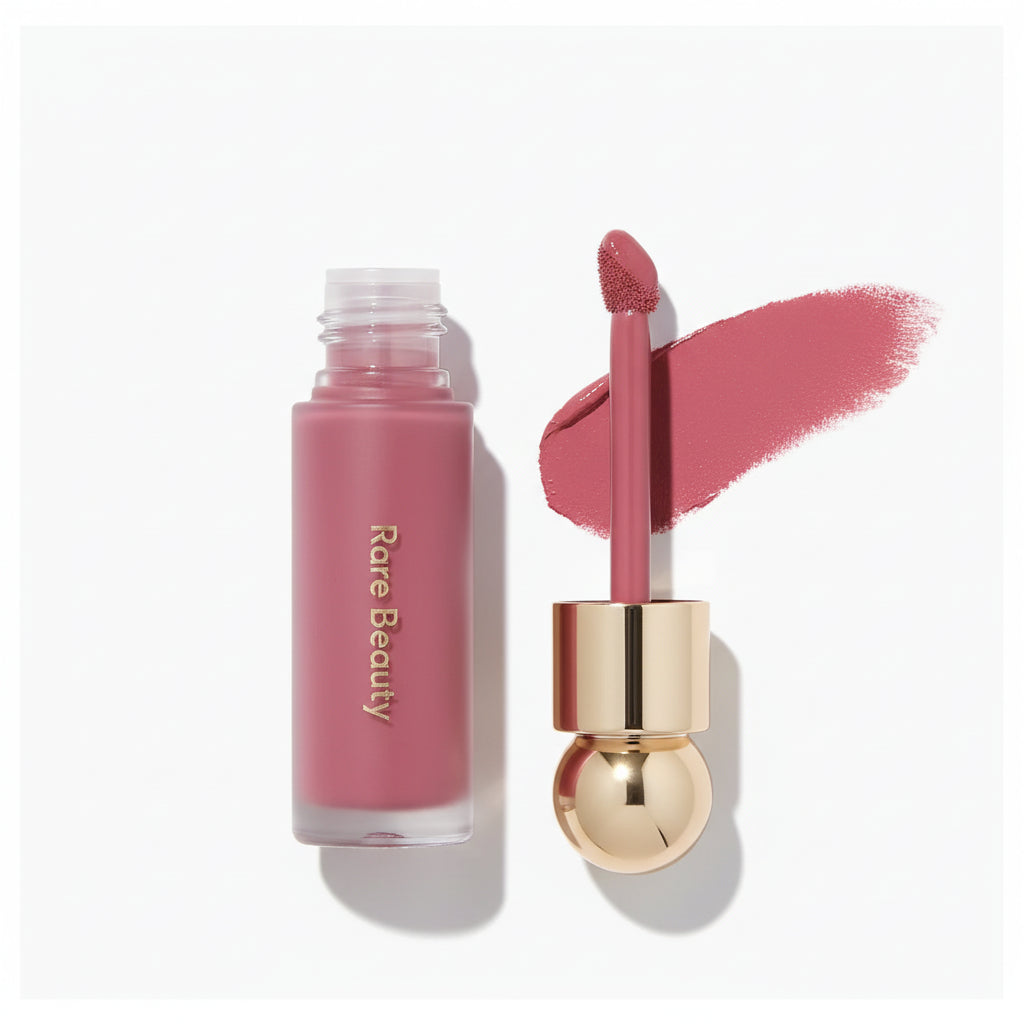 Pink lip gloss with gold cap on a white background, featuring the brand 'Rare Beauty'.