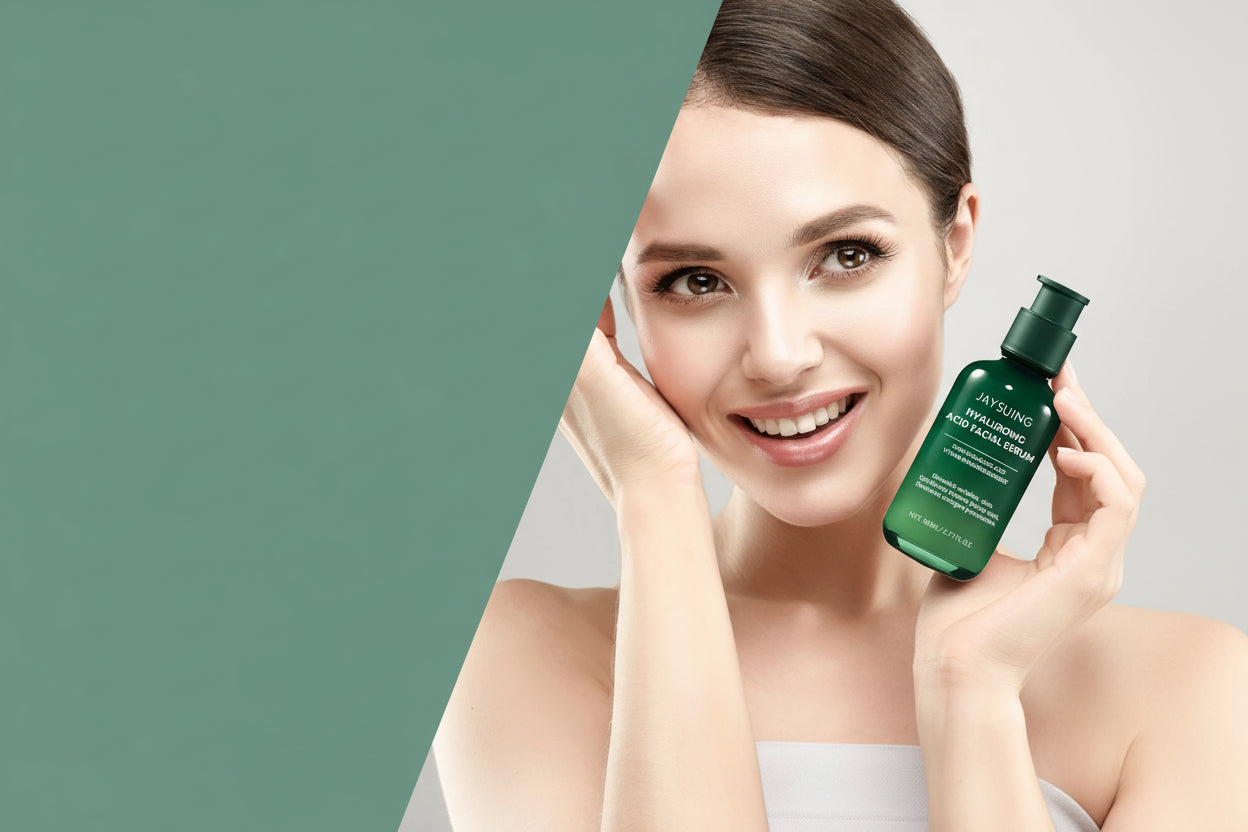 Woman with glowing skin holding a bottle of JaySuing Hyaluronic Acid Facial Serum against a green background.