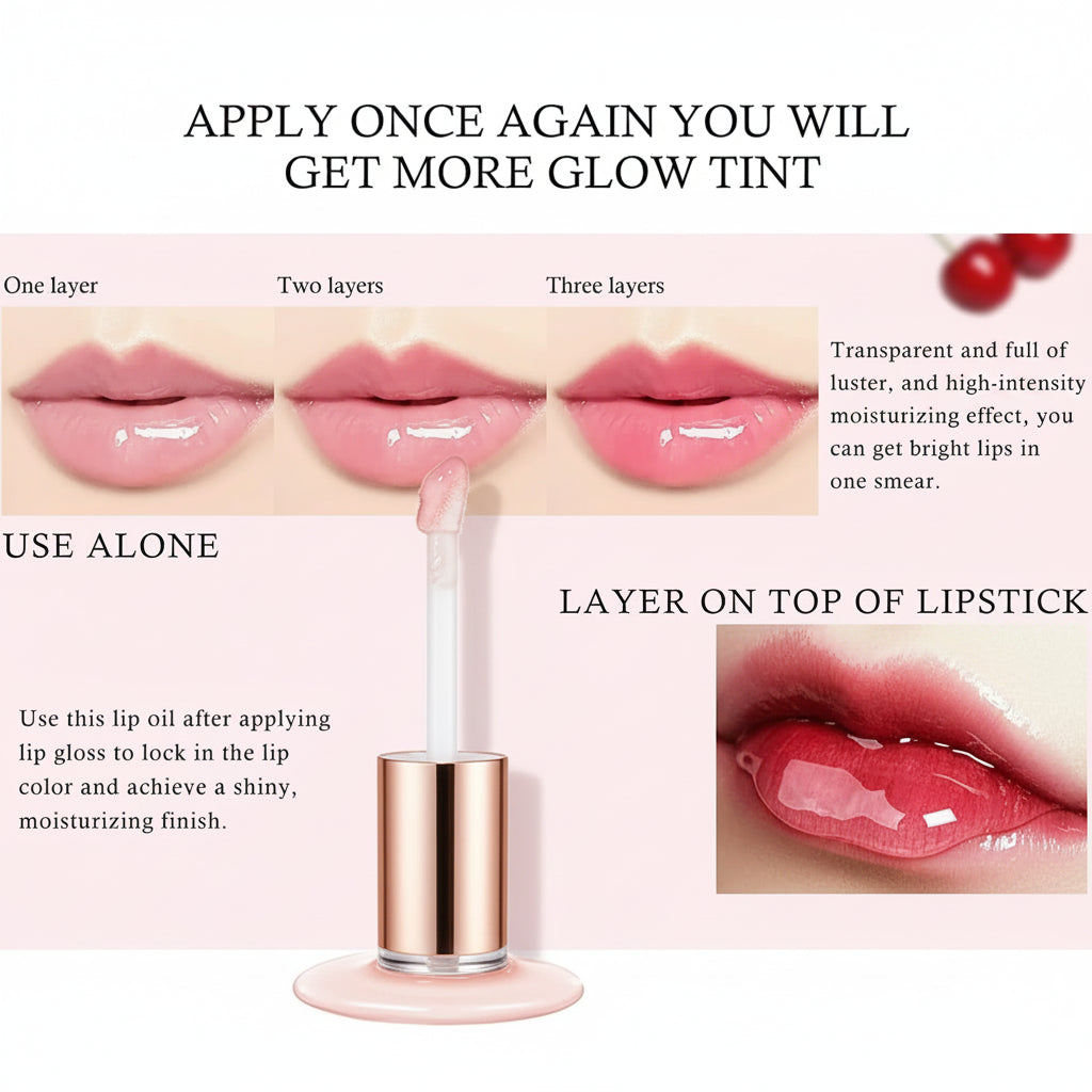Lip tint application guide showing different layers on lips with text instructions.