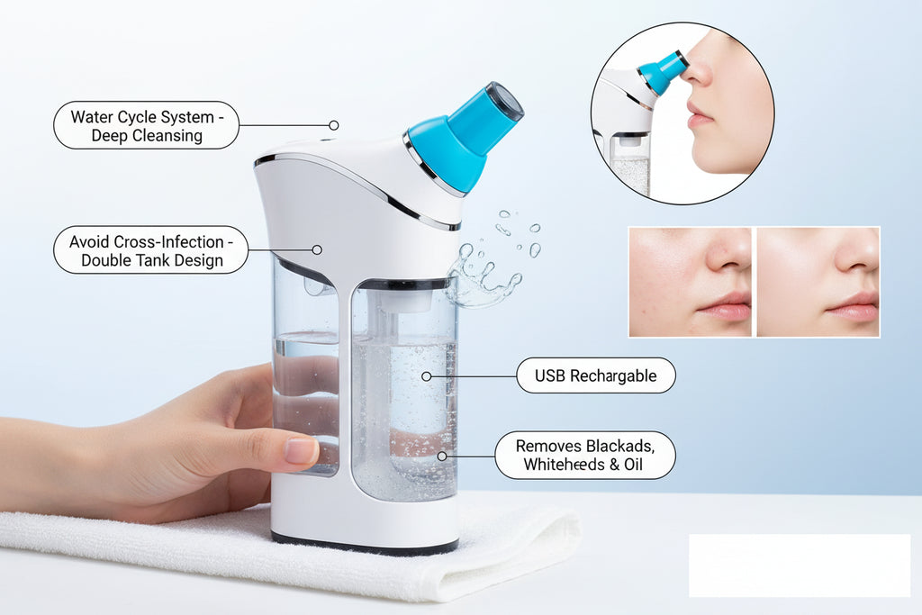 Woman using a skincare device with icons showing it removes blackheads, acne, grease, and pimples.