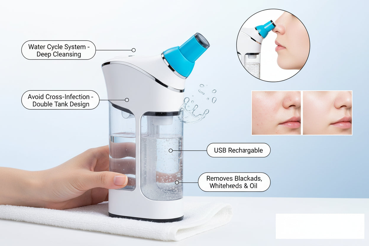 Woman using a skincare device with icons showing it removes blackheads, acne, grease, and pimples.