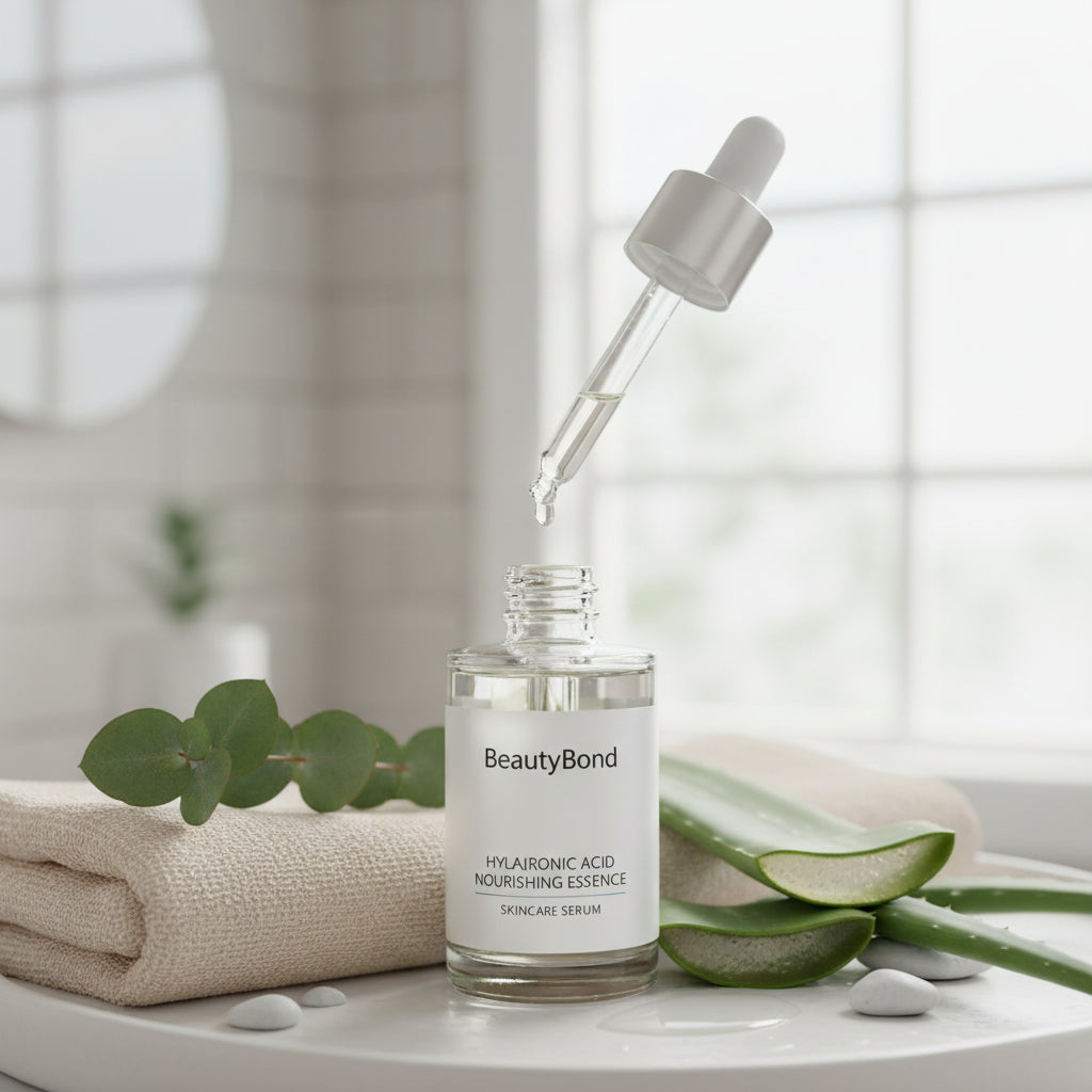 Advertisement for hyaluronic acid facial serum with a woman's face and product application diagram.