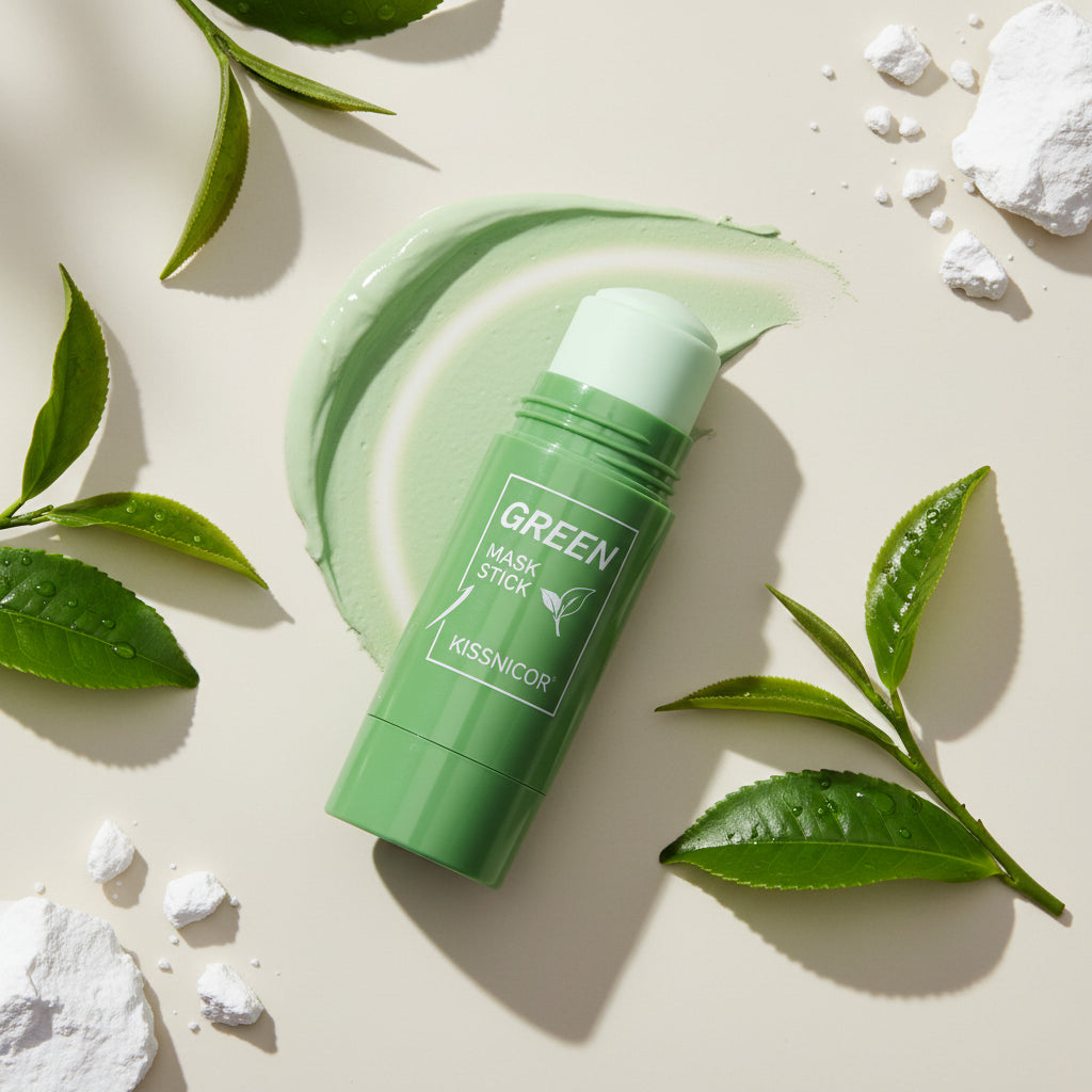 Green mask stick with images of women and floral elements on a light background