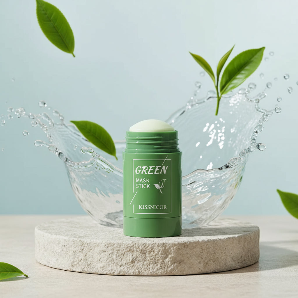 Green mask stick with 'KISSNICOR' branding held by a hand on a light green background.