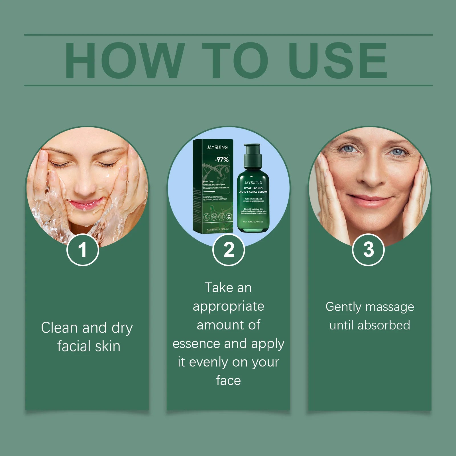 Step-by-step guide on how to use a skincare product with images and text.