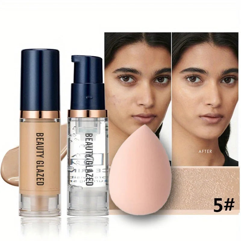 BEAUTY GLAZED 3Pcs Face Makeup Set,Matte Long lasting Waterproof Liquid Foundation+Primer+Puff BeautyBond