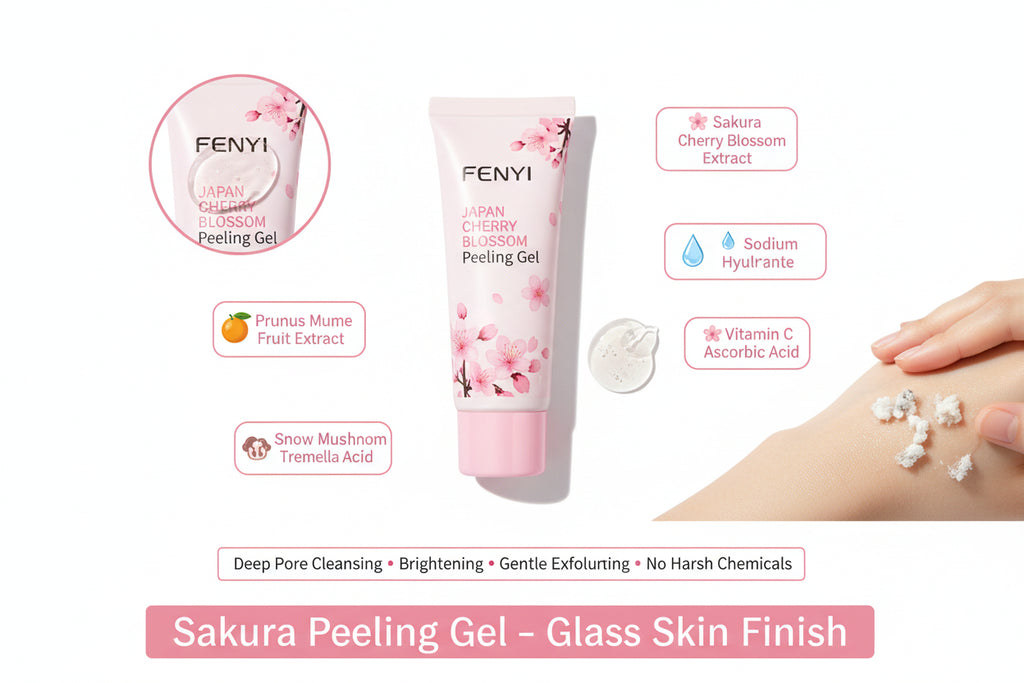 Pink peeling gel tube held in a hand with cherry blossom elements and product benefits text.