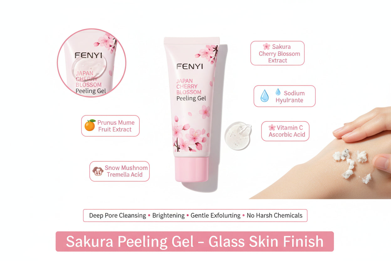 Pink peeling gel tube held in a hand with cherry blossom elements and product benefits text.