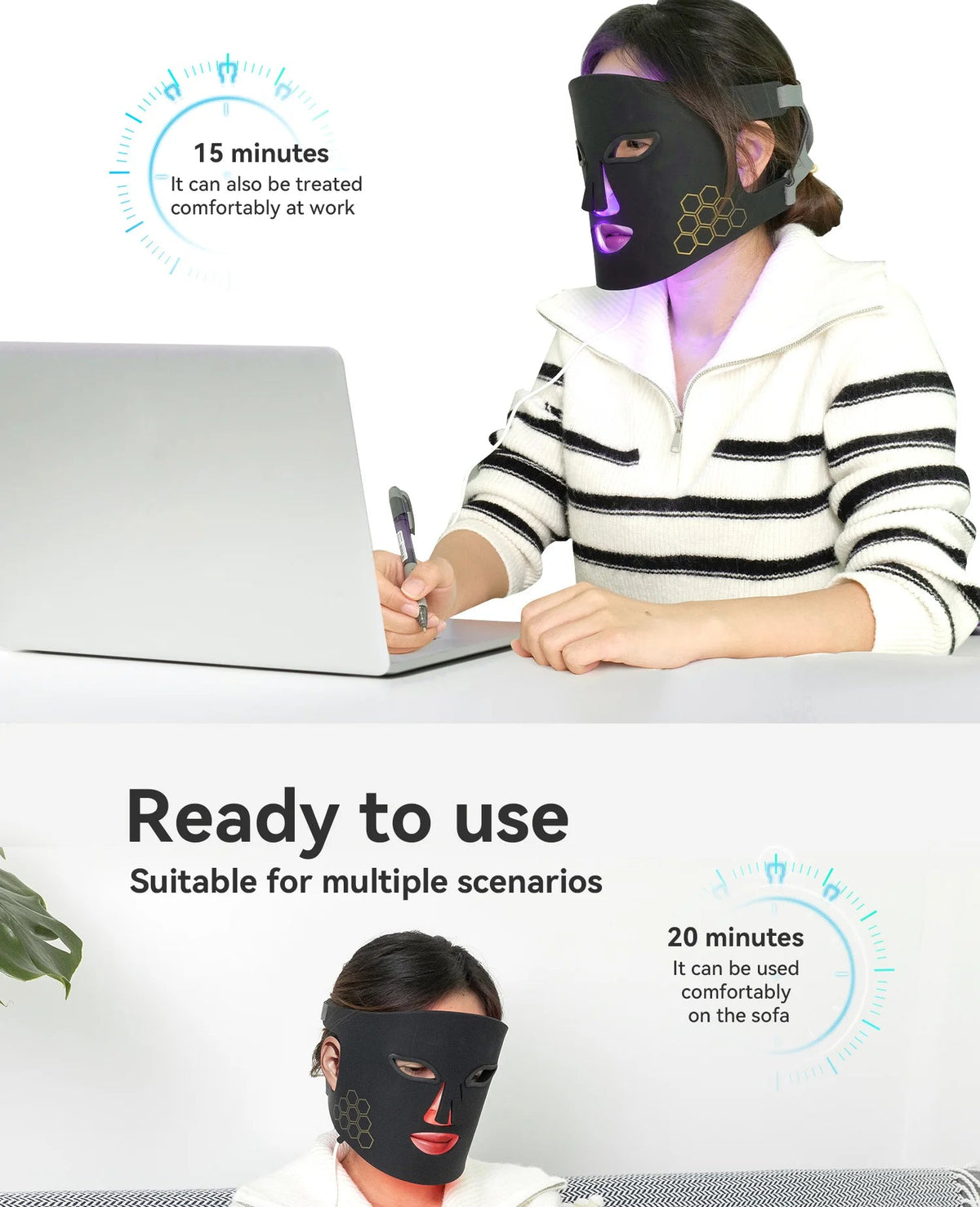 Hello Face Portable Red Infrared Blue LED Light Therapy Face Mask Acne Treatment, Skin Rejuvenation, Home Use for All Skin Types BeautyBond