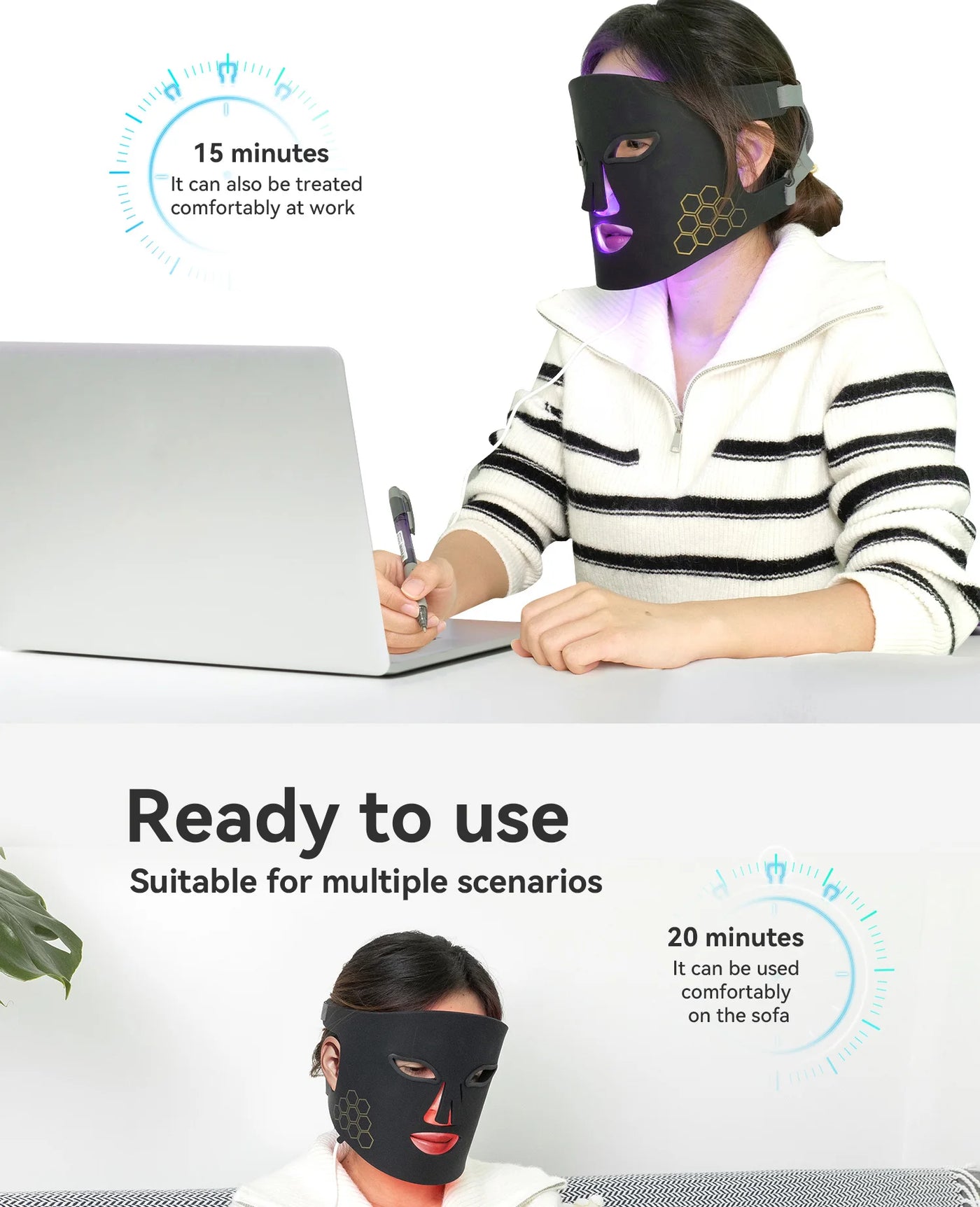 Hello Face Portable Red Infrared Blue LED Light Therapy Face Mask Acne Treatment, Skin Rejuvenation, Home Use for All Skin Types