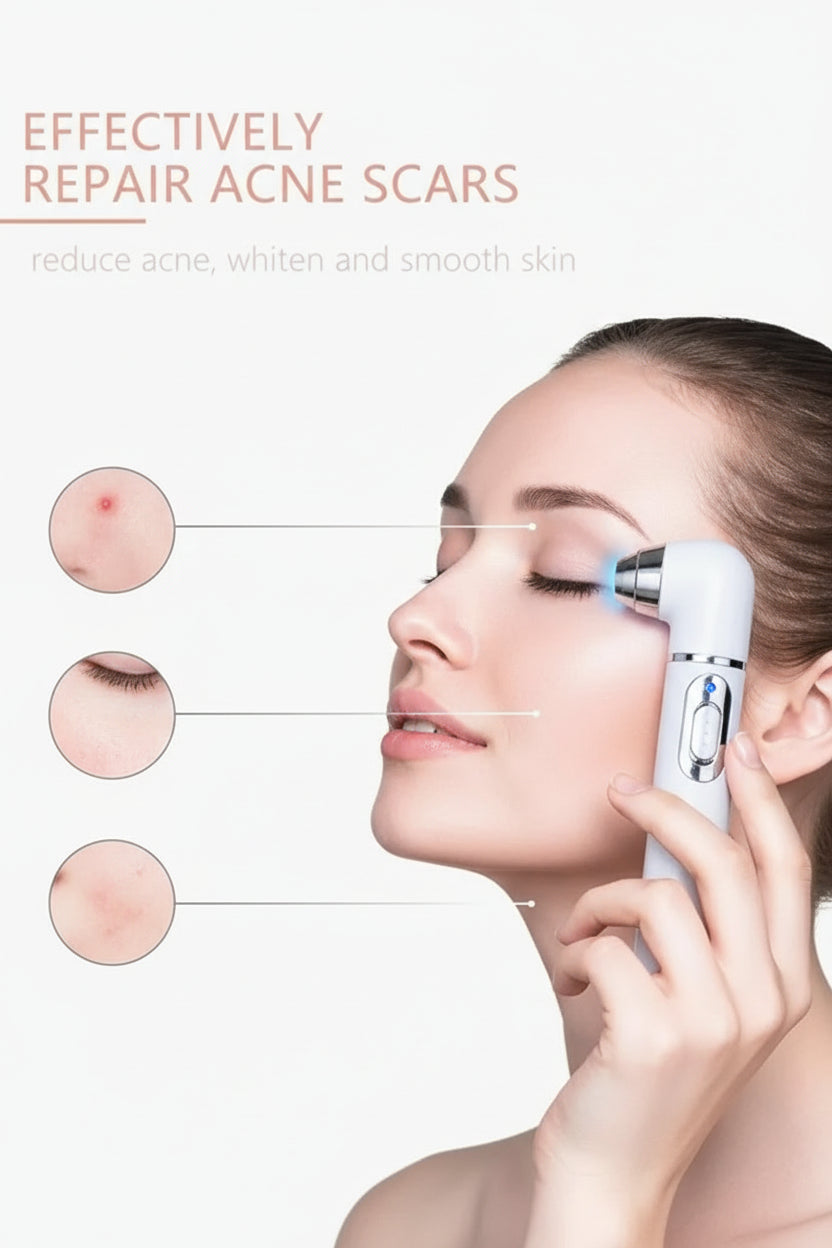 Facial device for repairing acne scars with a woman's face and diagram on a light background