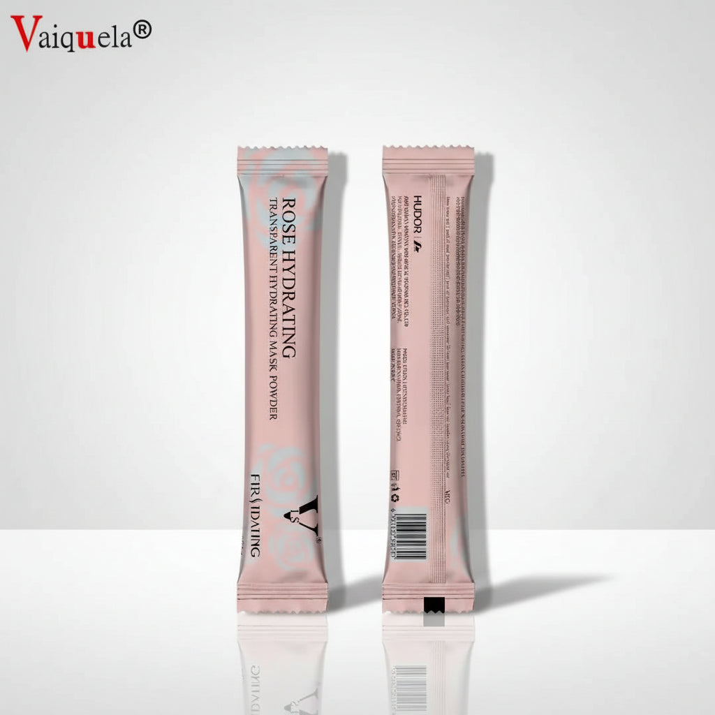 Rose hydrating mask powder packaging with front and back views on a white background