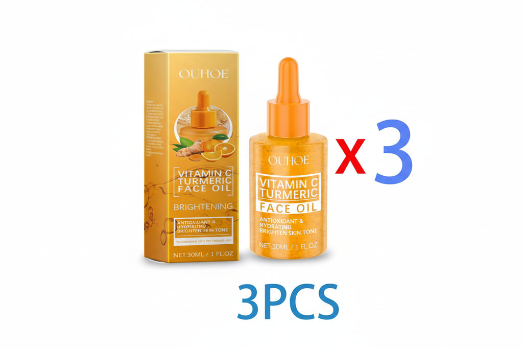 Orange vitamin C turmeric face oil with packaging and '3PCS' text on a white background