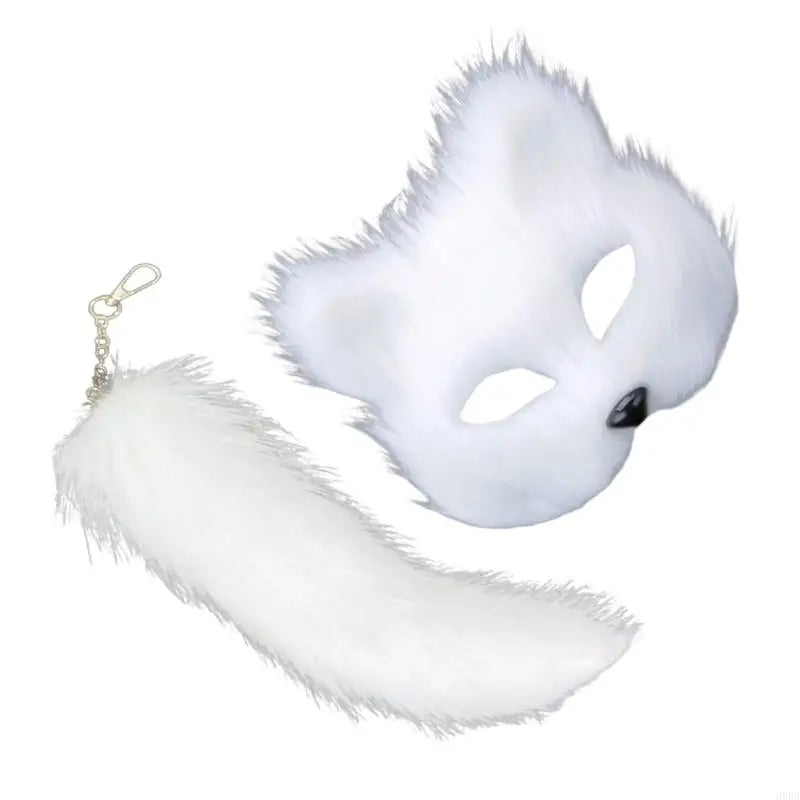 652F Therian Mask and Tail for Women Girls Fuzzy Cats Foxes Wolf Mask Tail Keychain Cosplays Halloween Costume BeautyBond