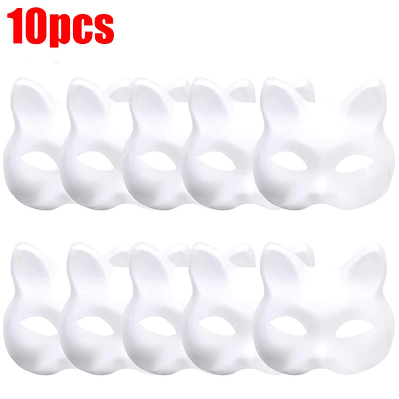 10-50PCS Therian Masks With Straps White Cat Masks Blank DIY Halloween Mask Animal Half Facemasks Masquerade Cosplay Party BeautyBond