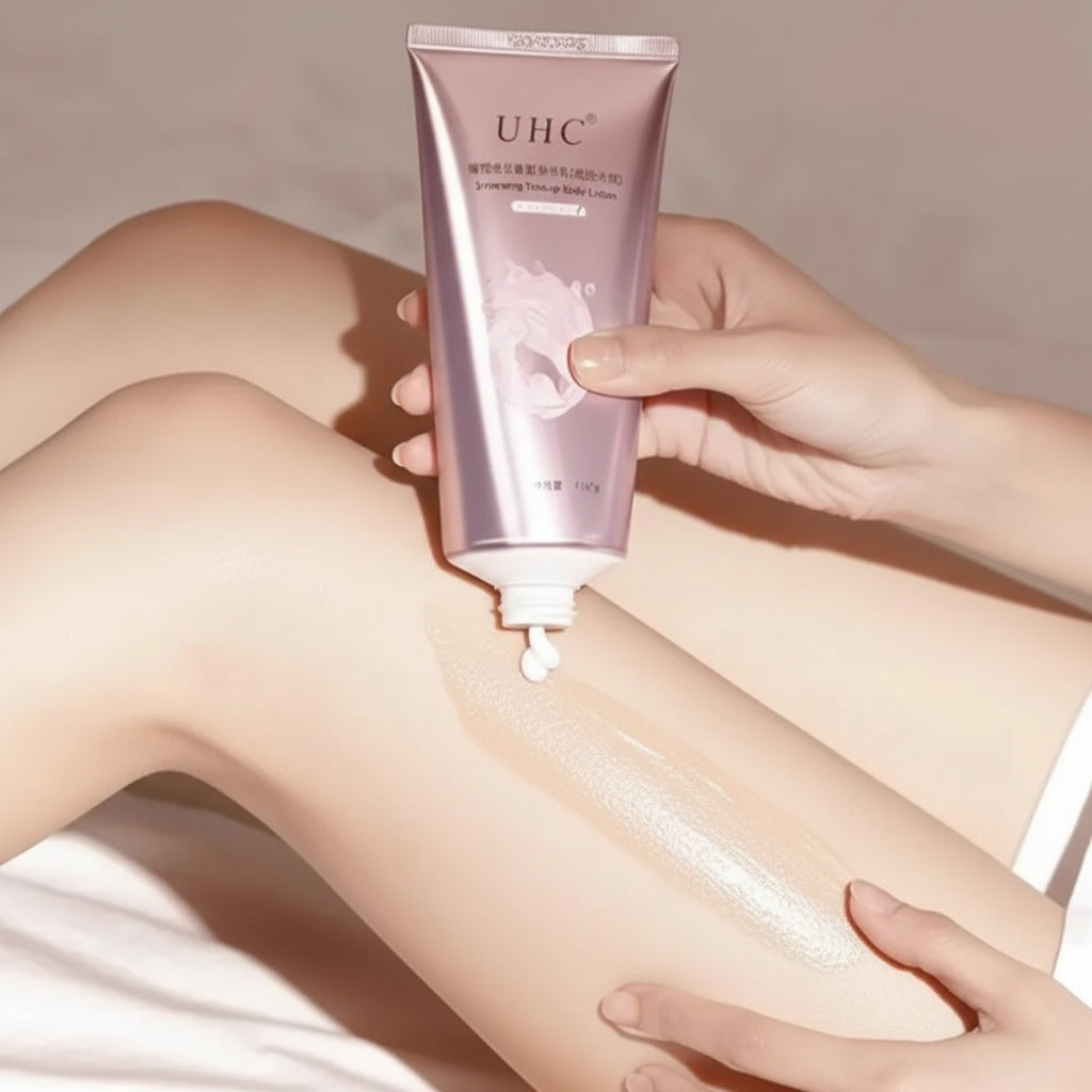 Hand applying pink UHC lotion to leg