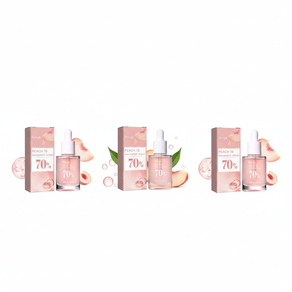 Three bottles and their boxes of a cosmetic product with peach flavor on a white background