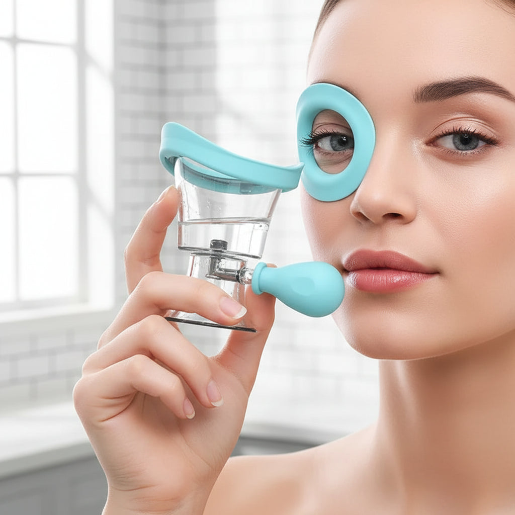 Facial massager device with blue and pink handles on a white background