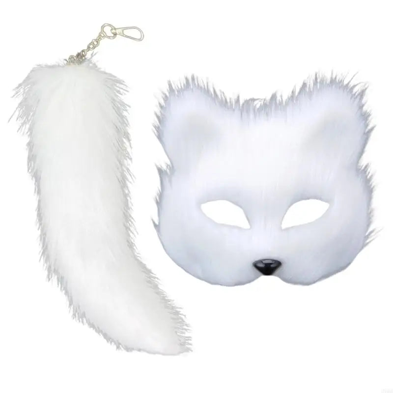 652F Therian Mask and Tail for Women Girls Fuzzy Cats Foxes Wolf Mask Tail Keychain Cosplays Halloween Costume BeautyBond