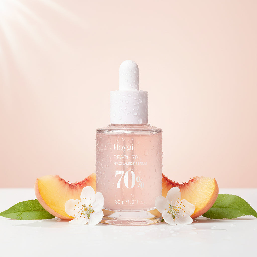 Peach 70 Niacinamide Serum with packaging and before/after effects on skin.