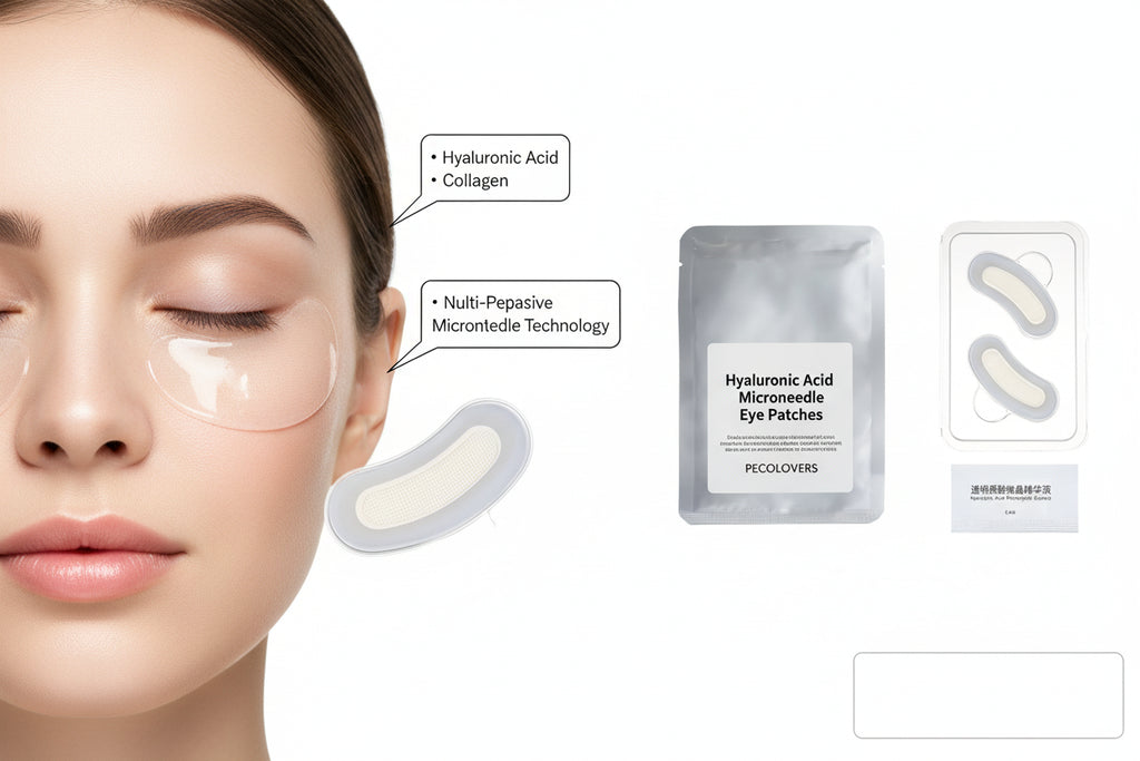 Skincare mask packaging with a clear sheet showing two patches on a white background
