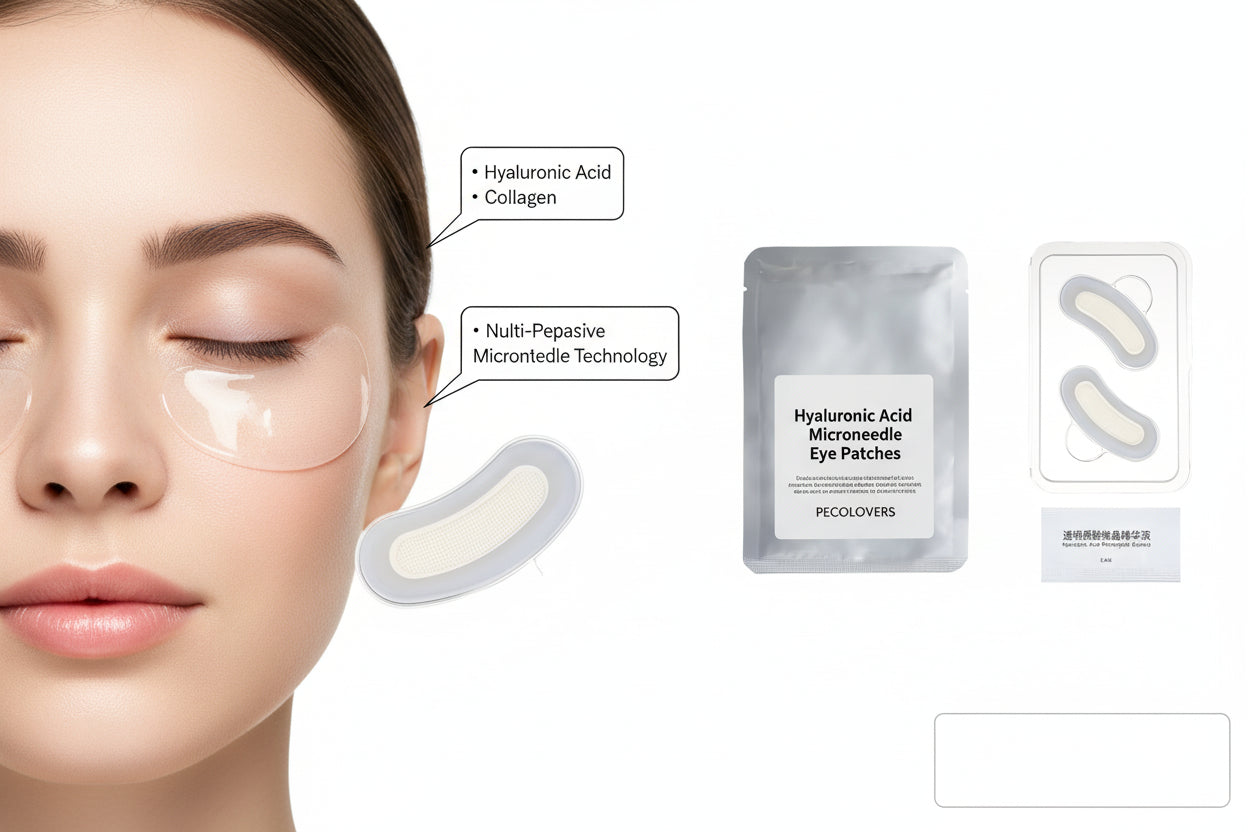 Skincare mask packaging with a clear sheet showing two patches on a white background