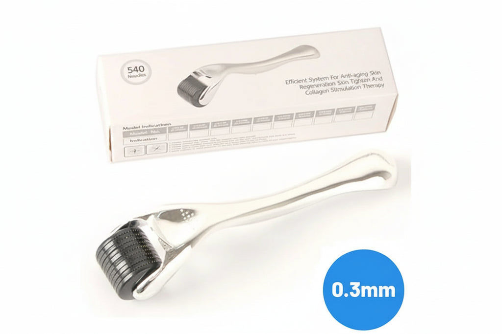 Derma roller with packaging and 0.3mm indicator on a white background