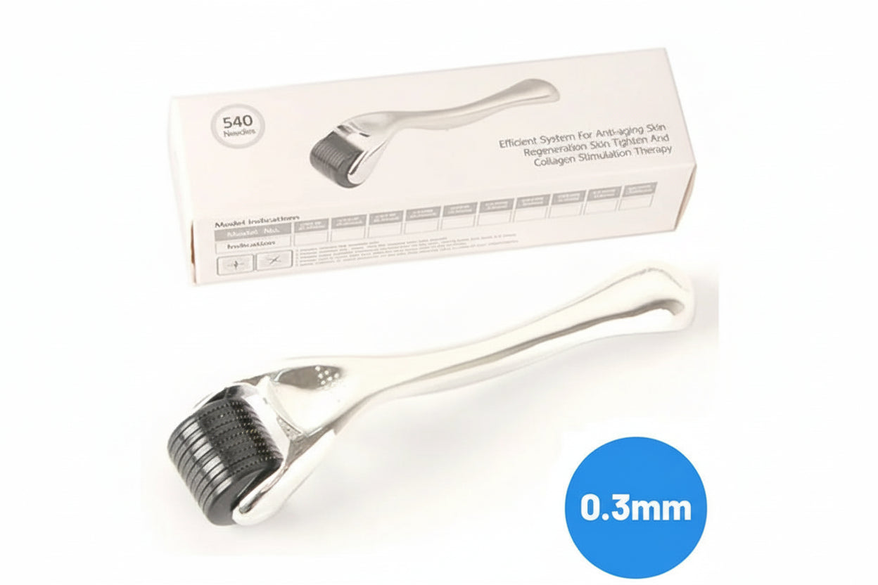 Derma roller with packaging and 0.3mm indicator on a white background