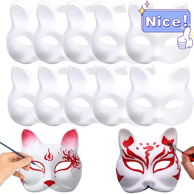 10-50PCS Therian Masks With Straps White Cat Masks Blank DIY Halloween Mask Animal Half Facemasks Masquerade Cosplay Party BeautyBond