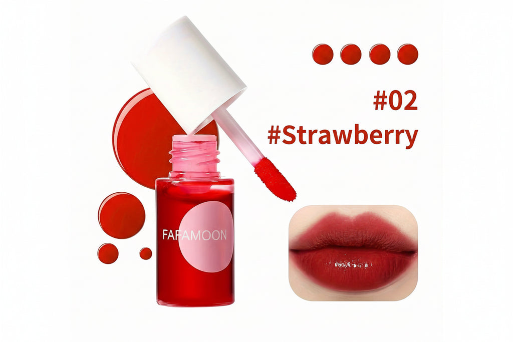 Red lip gloss bottle with applicator and color swatch on a white background